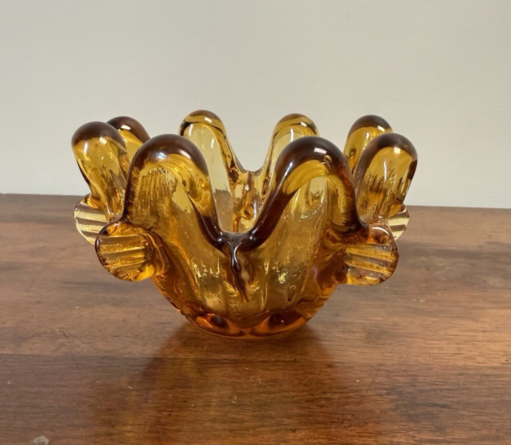 Vintage MCM Amber Hand Blown Art Glass Freeform Bowl 8 Prunts Czech Style 5"